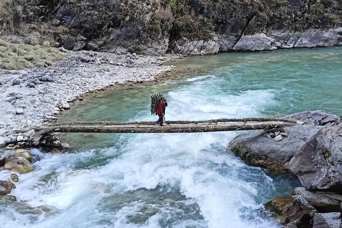 पिठ्युमा दाउराको भारी, जोखिम छ तर्नलाई पारि